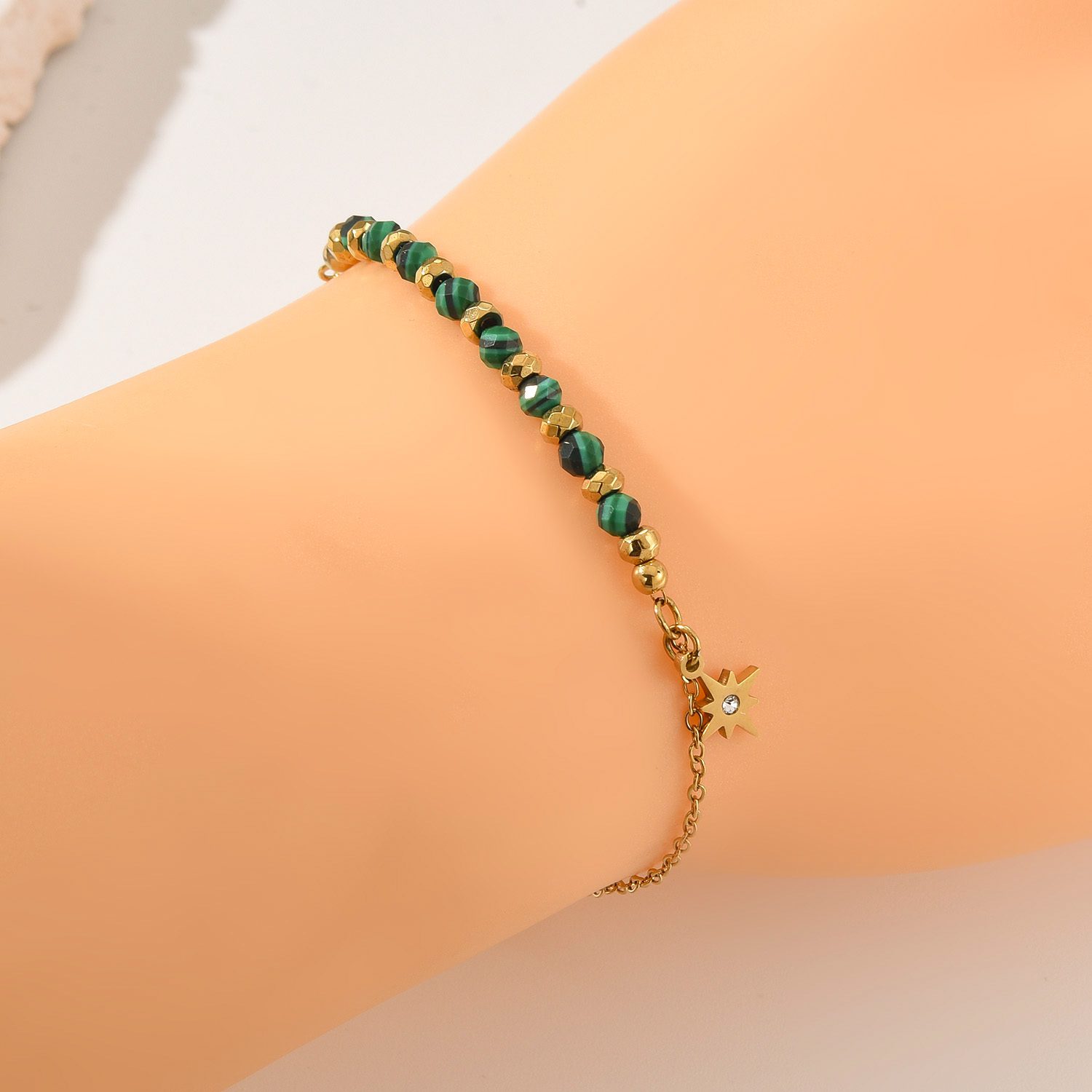 Gold Filled Gemstone Star Charm Bracelet, Adjustable Beaded Chain with Tiger Eye Lapis Turquoise Malachite, Minimalist Gift for Her, SBR050 - Image 2