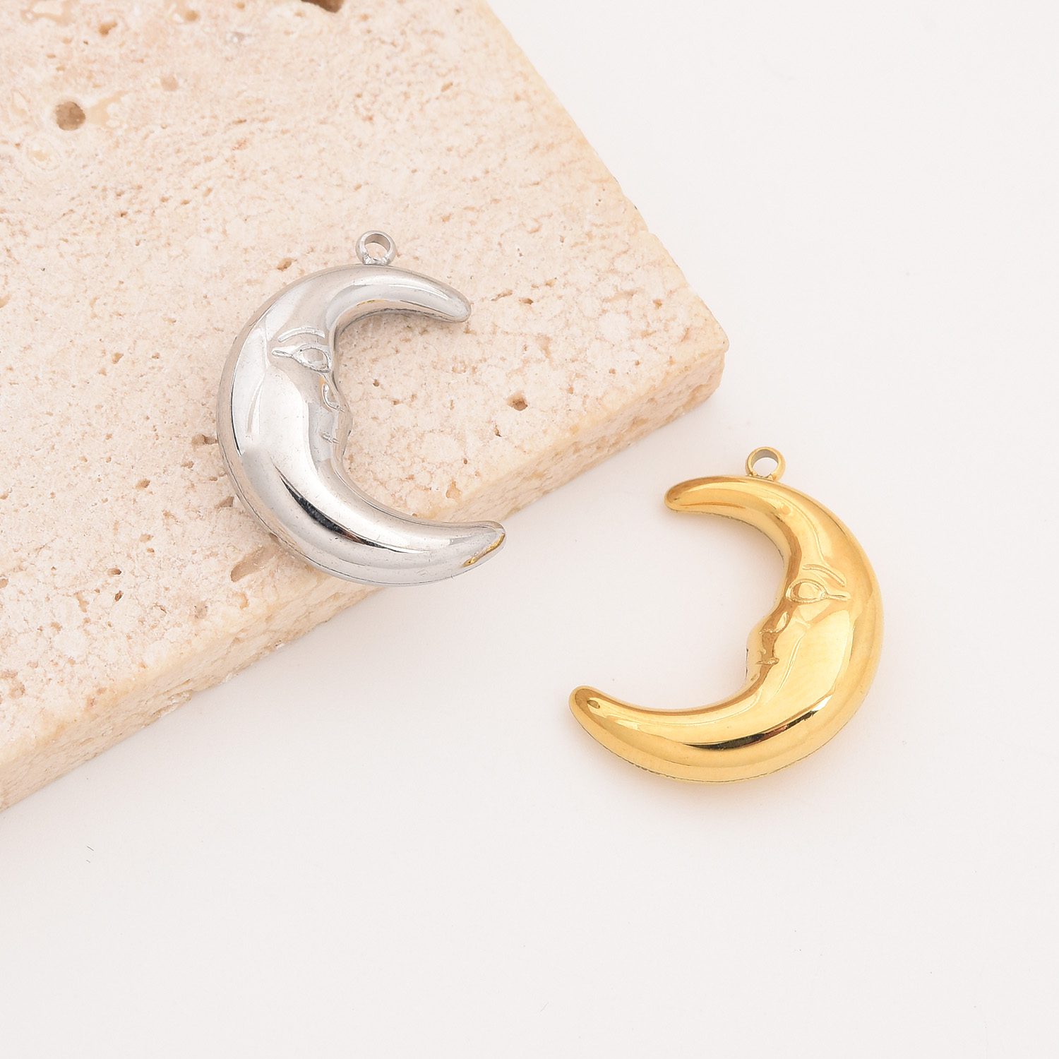 Gold Filled Moon Face Charm, Crescent Pendant with Face in Stainless Steel, DIY Necklace Bracelet Jewelry Gift Making Supply, SCP036 - Image 3