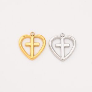 Gold Filled Heart Cross Charm, Stainless Steel Christian Pendant for DIY Necklace Bracelet Jewelry Making, Religious Gift for Her, SCP040