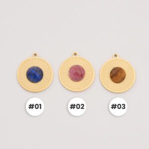 Gold Filled Gemstone Sunburst Charm, Stainless Steel Round Pendant with Lapis Rhodonite Tigers Eye for DIY Jewelry Making, Gift Idea, SCP082