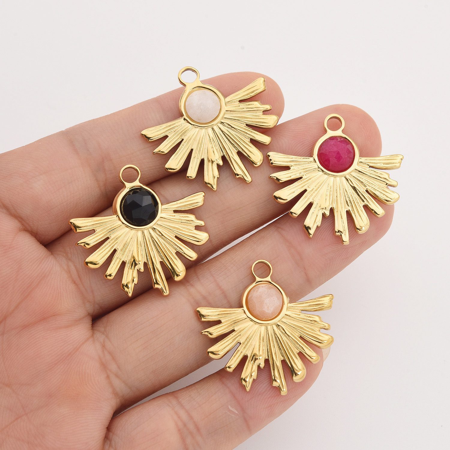 Gold Filled Fanburst Charm, Stainless Steel Gemstone Pendant with Pink White Peach Black Stone for DIY Necklace Bracelet Jewelry, SCP083 - Image 2