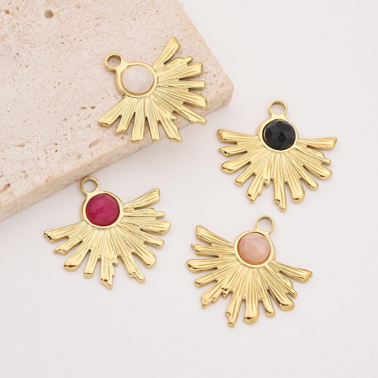 Gold Filled Fanburst Charm, Stainless Steel Gemstone Pendant with Pink White Peach Black Stone for DIY Necklace Bracelet Jewelry, SCP083 - Image 3