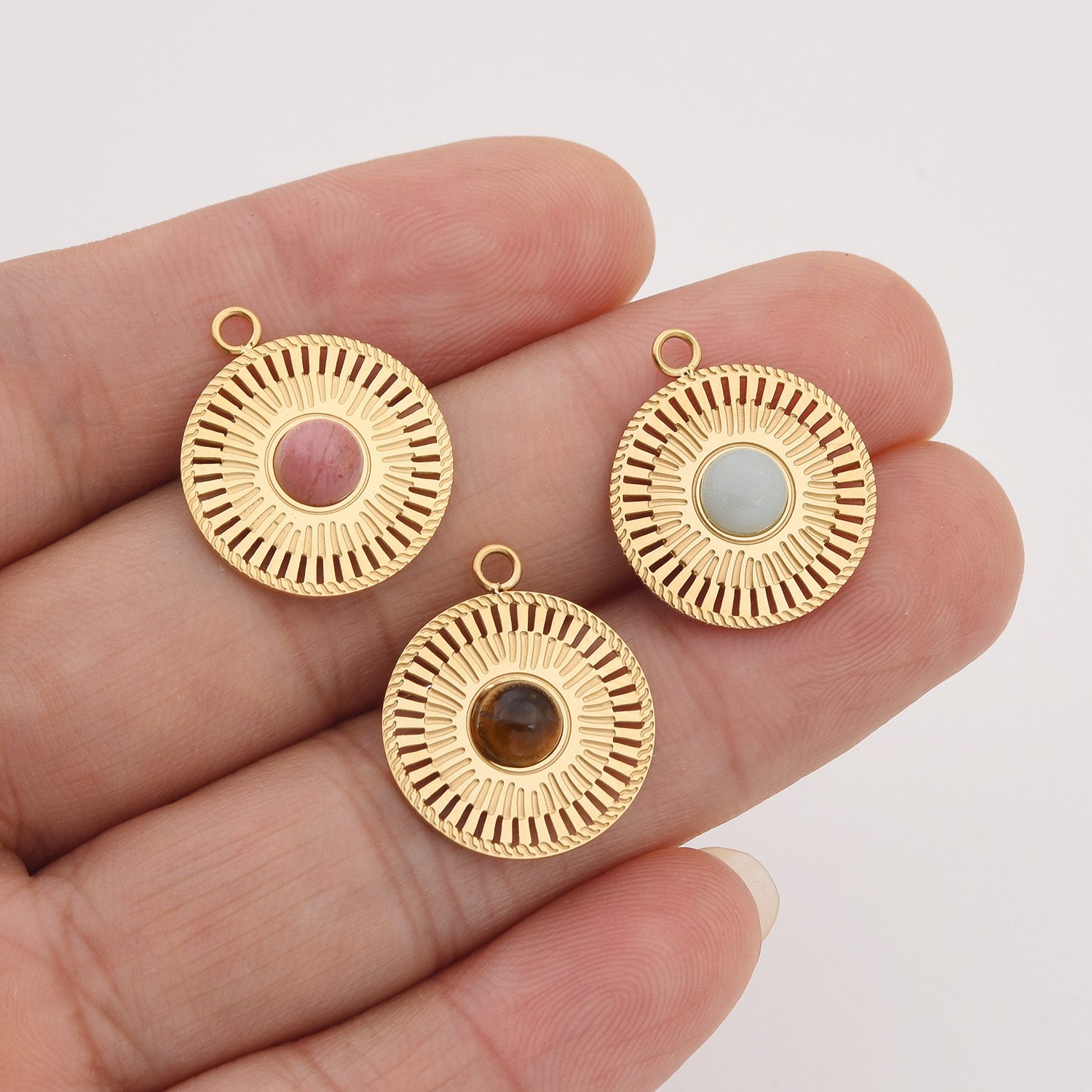 Gold Filled Gemstone Sunburst Charm, Stainless Steel Openwork Pendant with Rhodonite Tiger Eye Amazonite for DIY Jewelry Gifts, SCP084 - Image 2