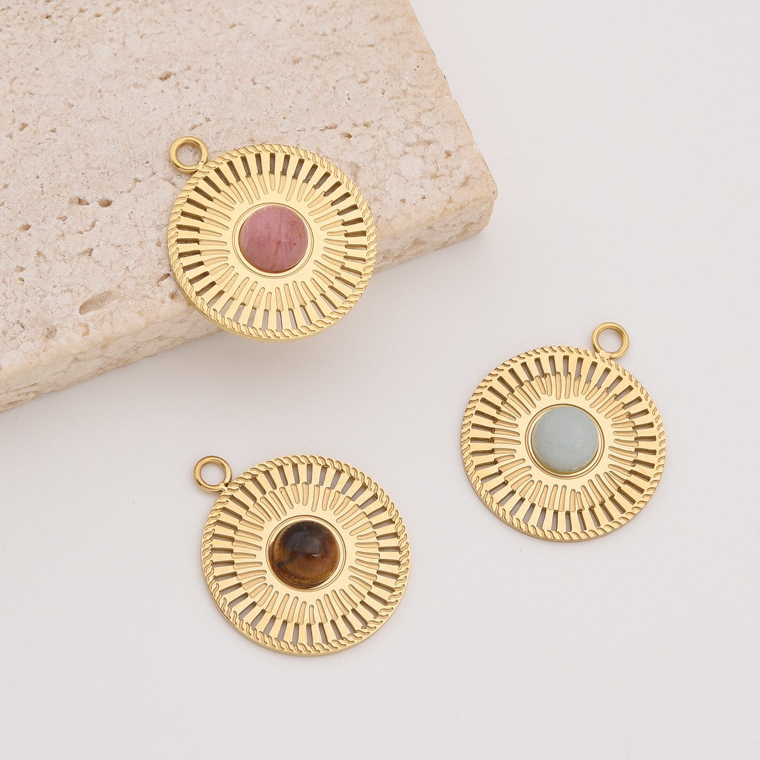 Gold Filled Gemstone Sunburst Charm, Stainless Steel Openwork Pendant with Rhodonite Tiger Eye Amazonite for DIY Jewelry Gifts, SCP084 - Image 3