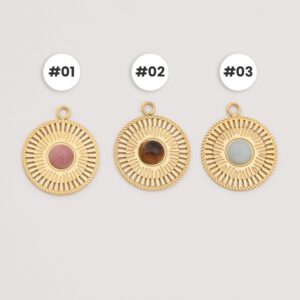 Gold Filled Gemstone Sunburst Charm, Stainless Steel Openwork Pendant with Rhodonite Tiger Eye Amazonite for DIY Jewelry Gifts, SCP084