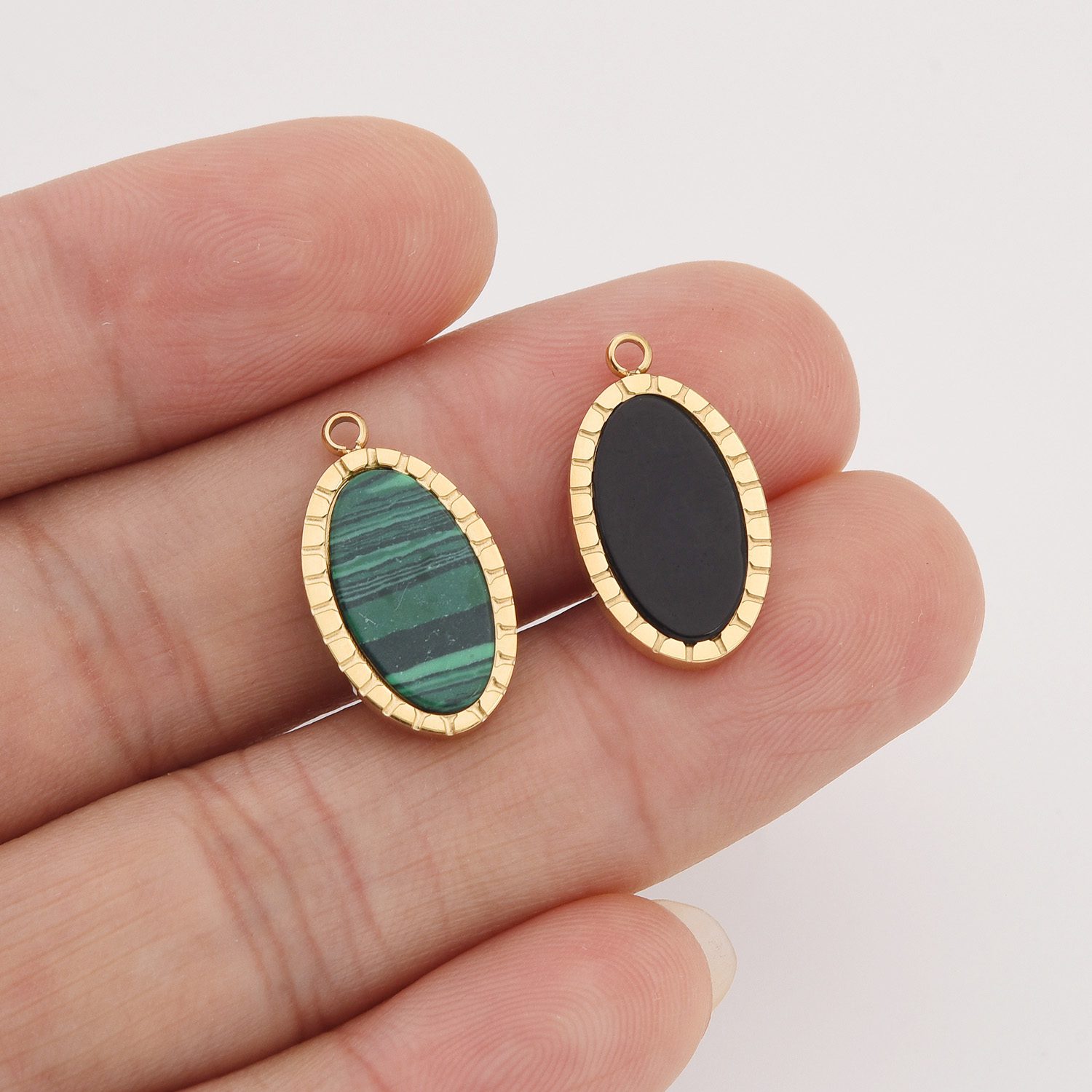 Gold Filled Oval Gemstone Charm, Stainless Steel Malachite Black Onyx Pendant for DIY Necklace Bracelet Jewelry Making, Gift for Her, SCP086 - Image 2