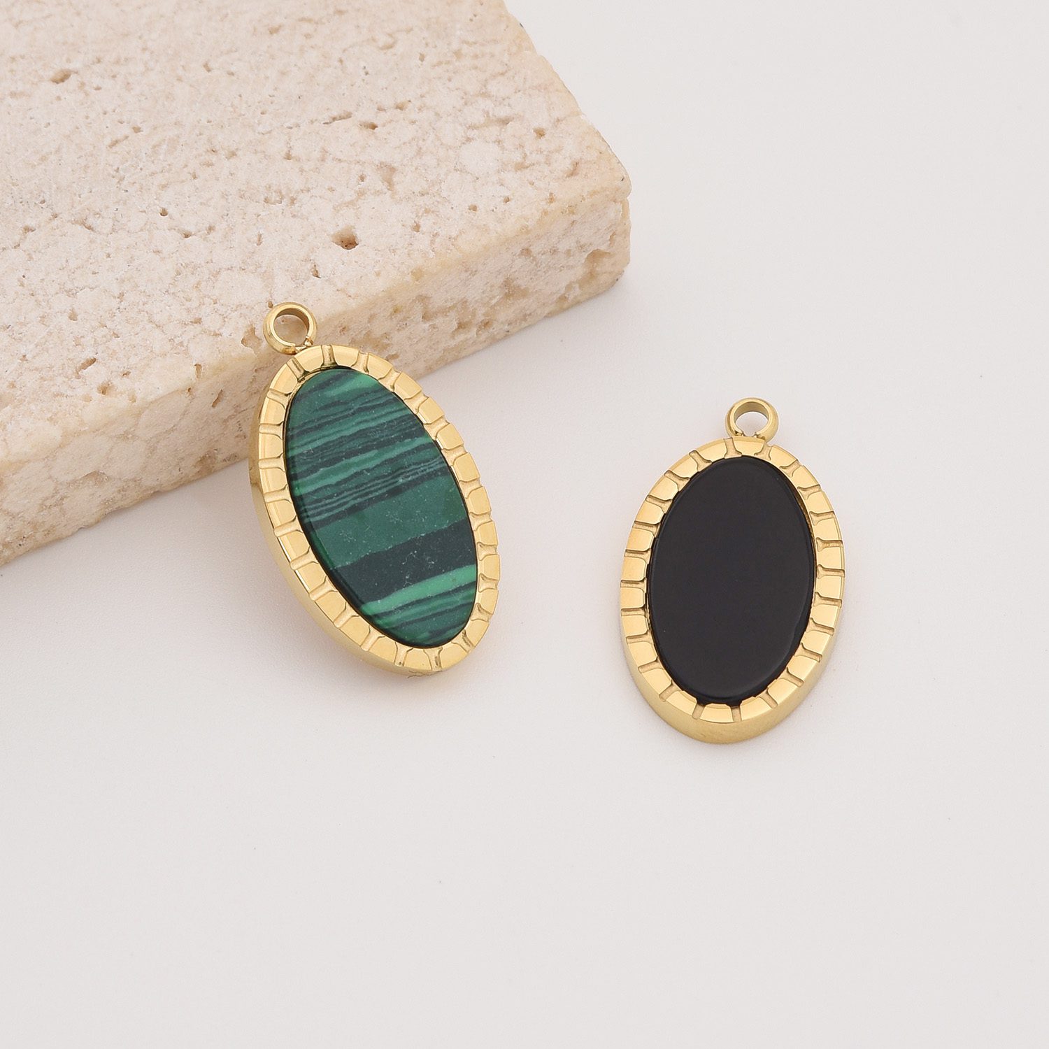 Gold Filled Oval Gemstone Charm, Stainless Steel Malachite Black Onyx Pendant for DIY Necklace Bracelet Jewelry Making, Gift for Her, SCP086 - Image 3