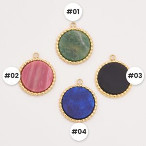 Gold Filled Round Gemstone Charm, Stainless Steel Beaded Pendant with Pink Green Blue Black Stone for DIY Necklace Bracelet Making, SCP087