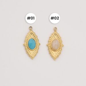 Gold Filled Marquise Gemstone Charm, Stainless Steel Ornate Pendant with Turquoise Moonstone for DIY Necklace Bracelet Jewelry, SCP088