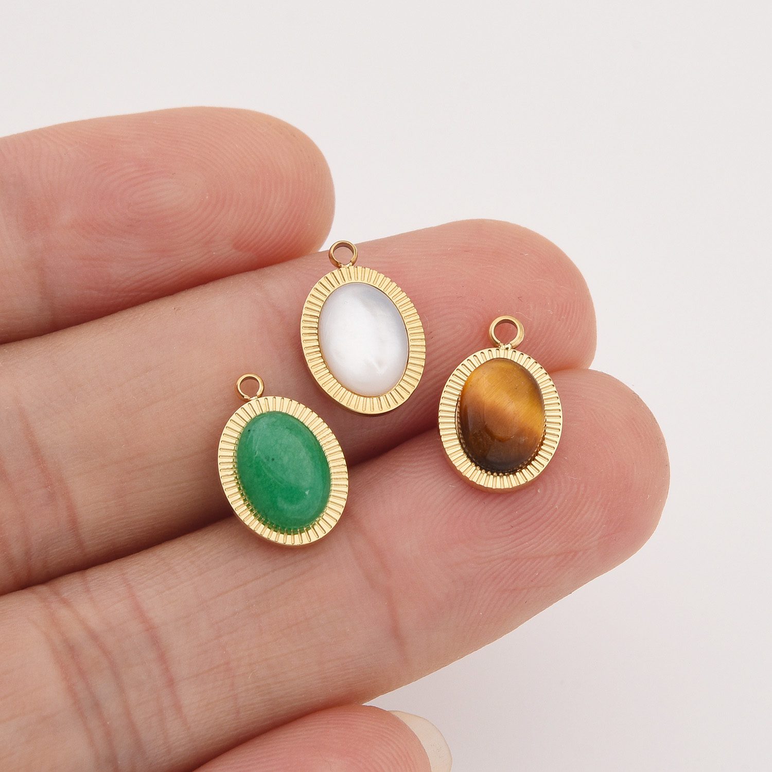 Gold Filled Oval Gemstone Charm, Stainless Steel Pendant with Aventurine Mother of Pearl Tiger Eye for DIY Necklace Bracelet, Gift, SCP089 - Image 2