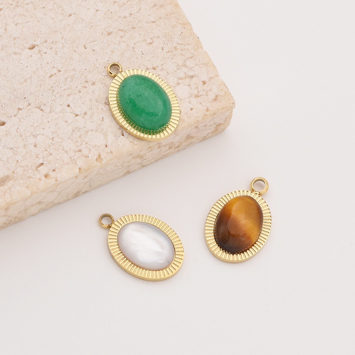 Gold Filled Oval Gemstone Charm, Stainless Steel Pendant with Aventurine Mother of Pearl Tiger Eye for DIY Necklace Bracelet, Gift, SCP089 - Image 3