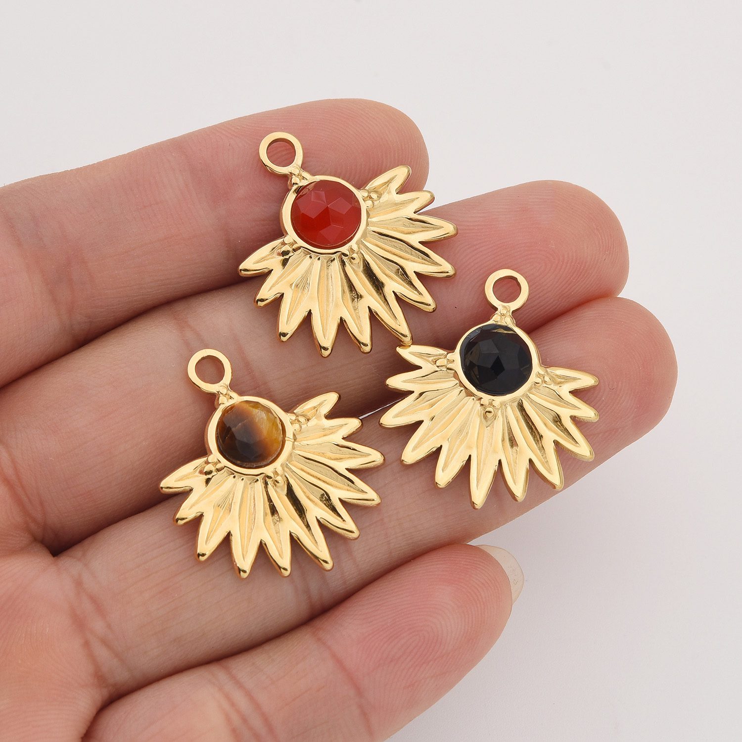 Gold Filled Fanburst Gemstone Charm, Stainless Steel Pendant with Black Onyx Tiger Eye Red Agate for DIY Necklace Bracelet Jewelry, SCP090 - Image 2