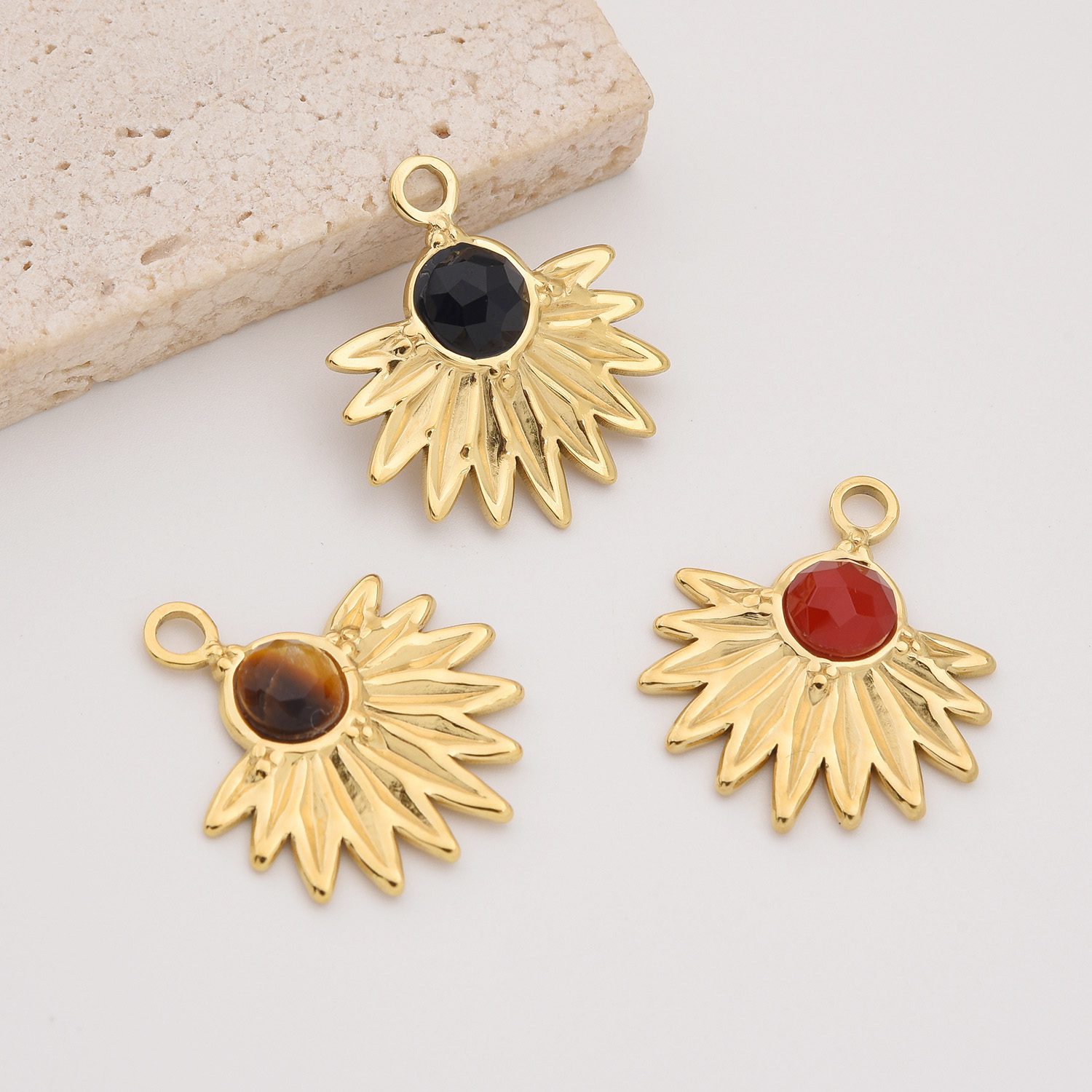 Gold Filled Fanburst Gemstone Charm, Stainless Steel Pendant with Black Onyx Tiger Eye Red Agate for DIY Necklace Bracelet Jewelry, SCP090 - Image 3