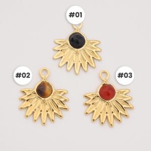 Gold Filled Fanburst Gemstone Charm, Stainless Steel Pendant with Black Onyx Tiger Eye Red Agate for DIY Necklace Bracelet Jewelry, SCP090