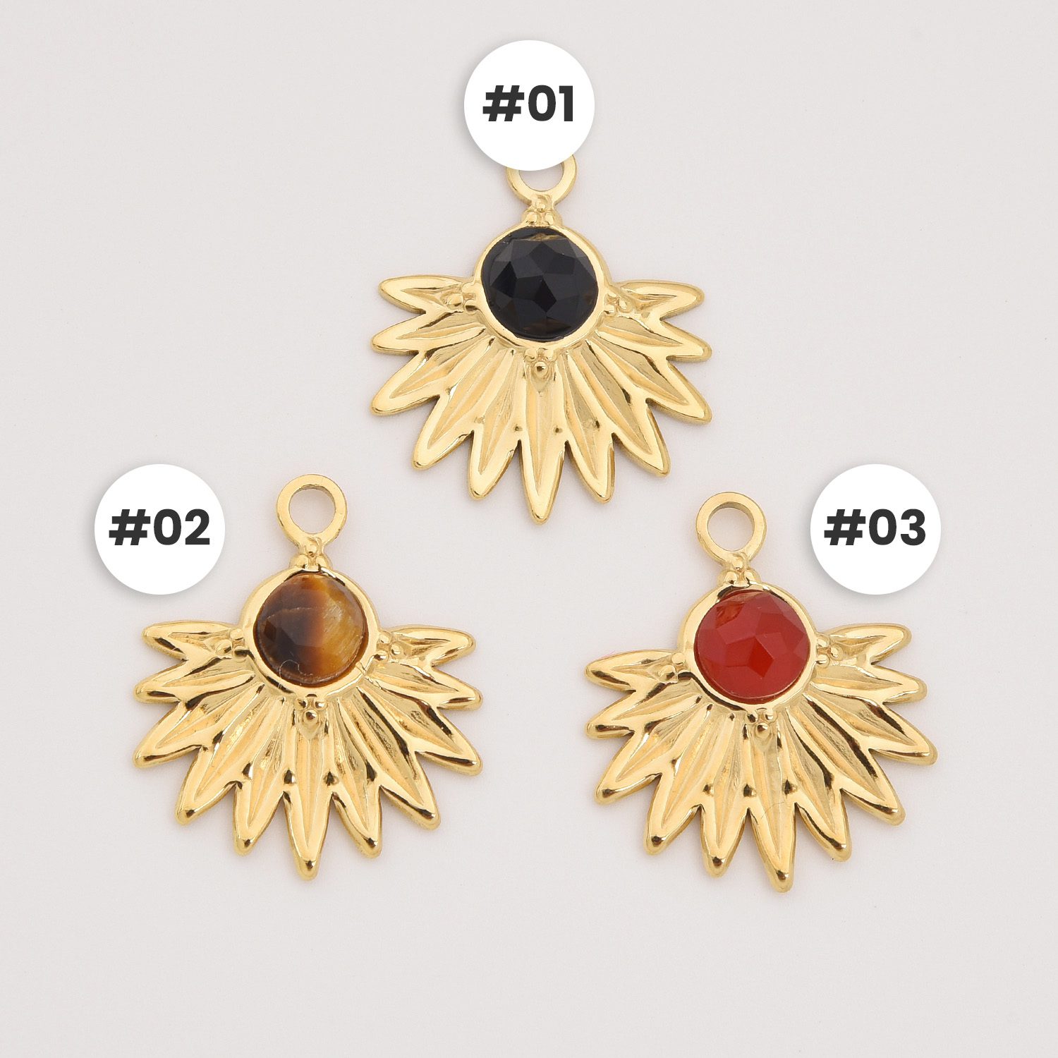 Gold Filled Fanburst Gemstone Charm, Stainless Steel Pendant with Black Onyx Tiger Eye Red Agate for DIY Necklace Bracelet Jewelry, SCP090