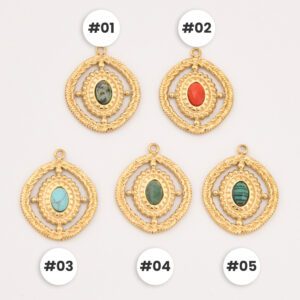 Gold Filled Tribal Oval Gemstone Charm, Stainless Steel Boho Pendant with Turquoise Red Agate Malachite Jasper for DIY Jewelry, Gift, SCP092