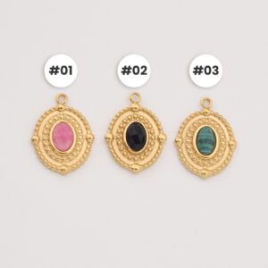 Gold Filled Oval Gemstone Charm, Stainless Steel Pendant with Rhodonite Black Onyx Malachite for DIY Necklace Bracelet, Gift for Her, SCP093