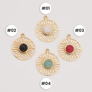 Gold Filled Sunburst Gemstone Charm, Stainless Steel Round Pendant with Black Onyx Rose Quartz Amazonite Rhodonite for DIY Jewelry, SCP095