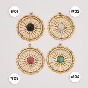 Gold Filled Sunburst Charm, Stainless Steel Round Gemstone Pendant with Black Onyx Rose Quartz Amazonite Rhodonite for Jewelry, Gift, SCP097