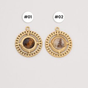 Gold Filled Circle Stone Charm, Stainless Steel Round Pendant with Tiger Eye Smoky Quartz for DIY Necklace Bracelet Gift for Her, SCP107