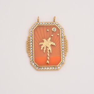Gold Filled Palm Tree Tarot Charm, Sunset Enamel CZ Border Pendant in Stainless Steel for DIY Necklace Bracelet Jewelry Making, Gift, SCP122
