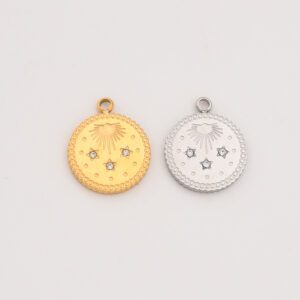 Gold Filled Celestial CZ Charm, Round Sun and Stars Pendant in Stainless Steel for DIY Necklace Bracelet Jewelry Making, Gift for Her SCP136