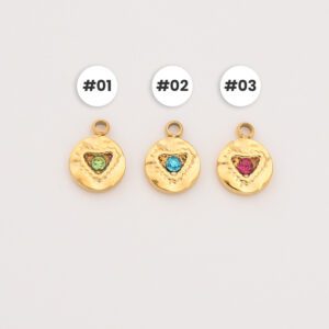 Gold Filled Heart CZ Charm, Textured Round Pendant in Stainless Steel with Colorful Gemstone for DIY Necklace Bracelet Making, Gift, SCP142