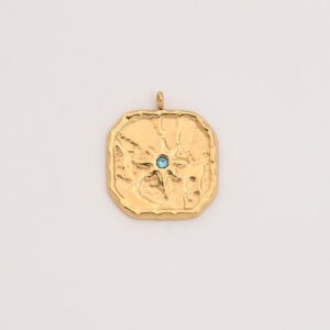 Gold Filled Square CZ Charm, Textured Starburst Pendant in Stainless Steel with Blue Gemstone for DIY Necklace Bracelet Jewelry, SCP146
