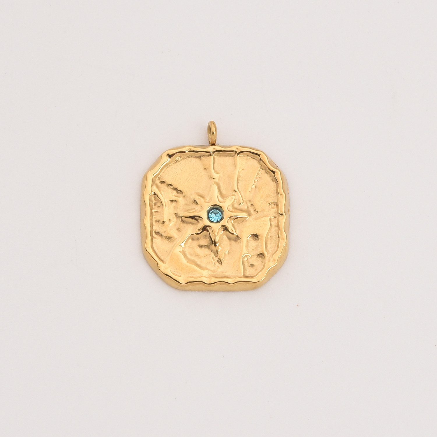 Gold Filled Square CZ Charm, Textured Starburst Pendant in Stainless Steel with Blue Gemstone for DIY Necklace Bracelet Jewelry, SCP146