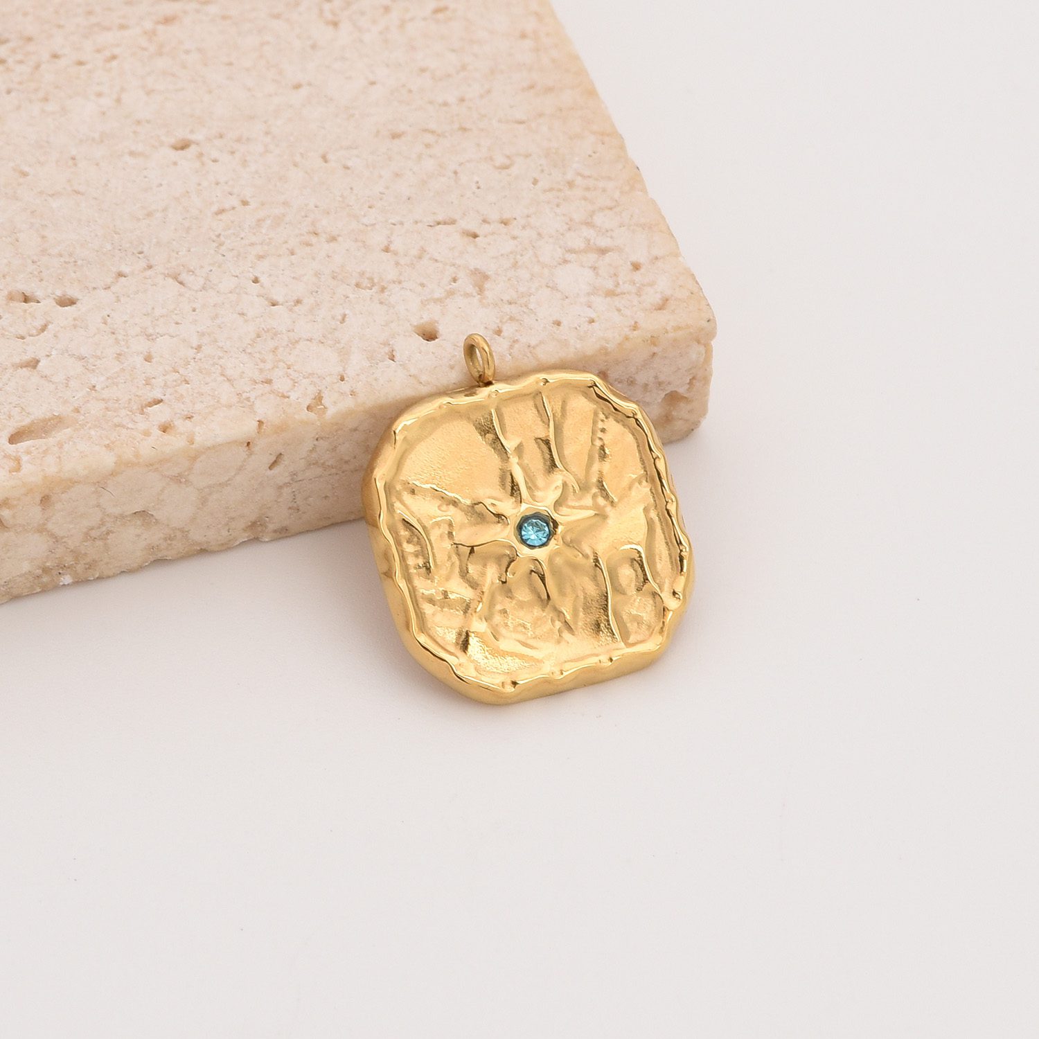 Gold Filled Square CZ Charm, Textured Starburst Pendant in Stainless Steel with Blue Gemstone for DIY Necklace Bracelet Jewelry, SCP146 - Image 3