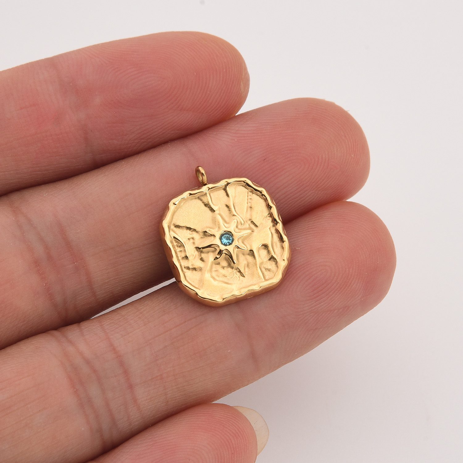 Gold Filled Square CZ Charm, Textured Starburst Pendant in Stainless Steel with Blue Gemstone for DIY Necklace Bracelet Jewelry, SCP146 - Image 2