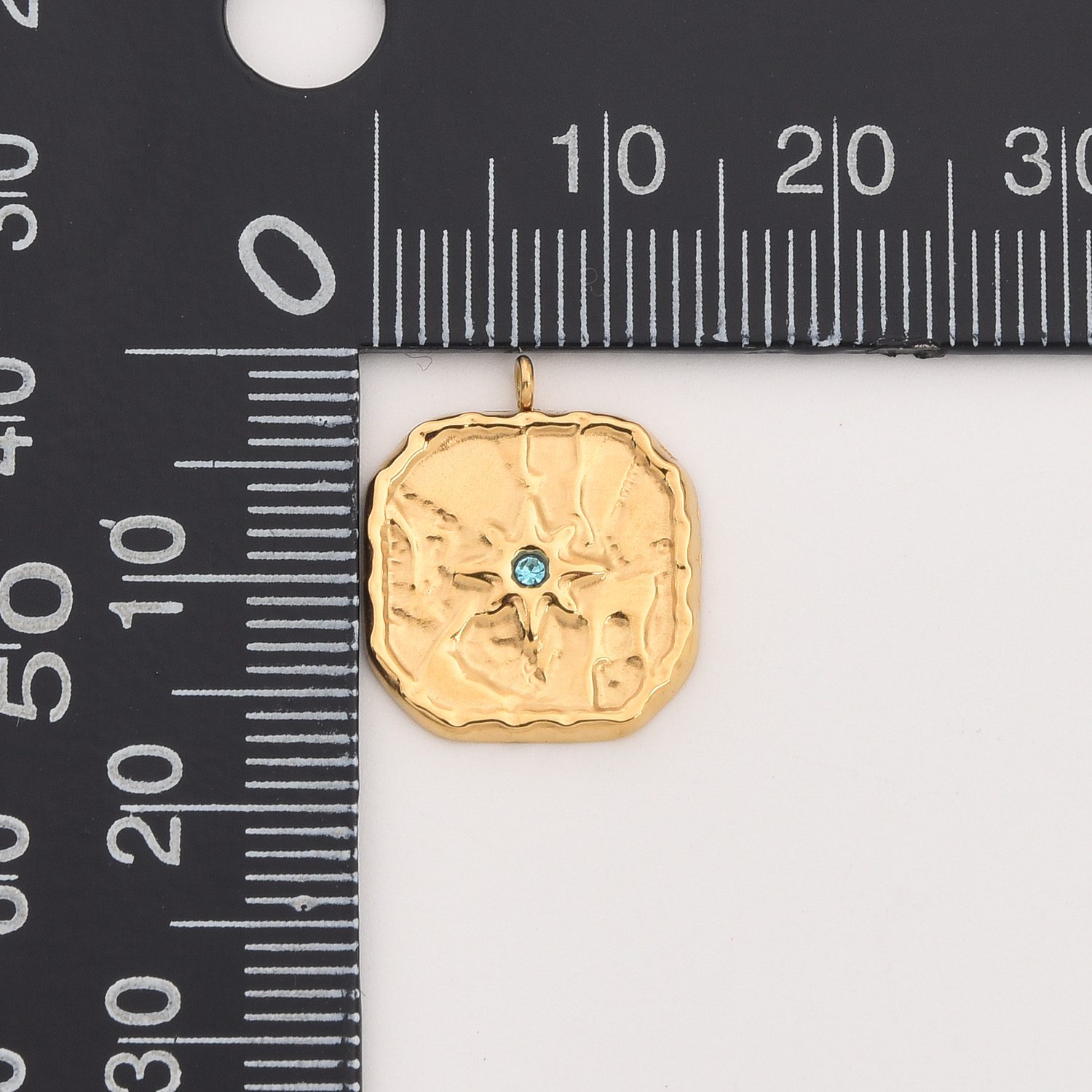 Gold Filled Square CZ Charm, Textured Starburst Pendant in Stainless Steel with Blue Gemstone for DIY Necklace Bracelet Jewelry, SCP146 - Image 4