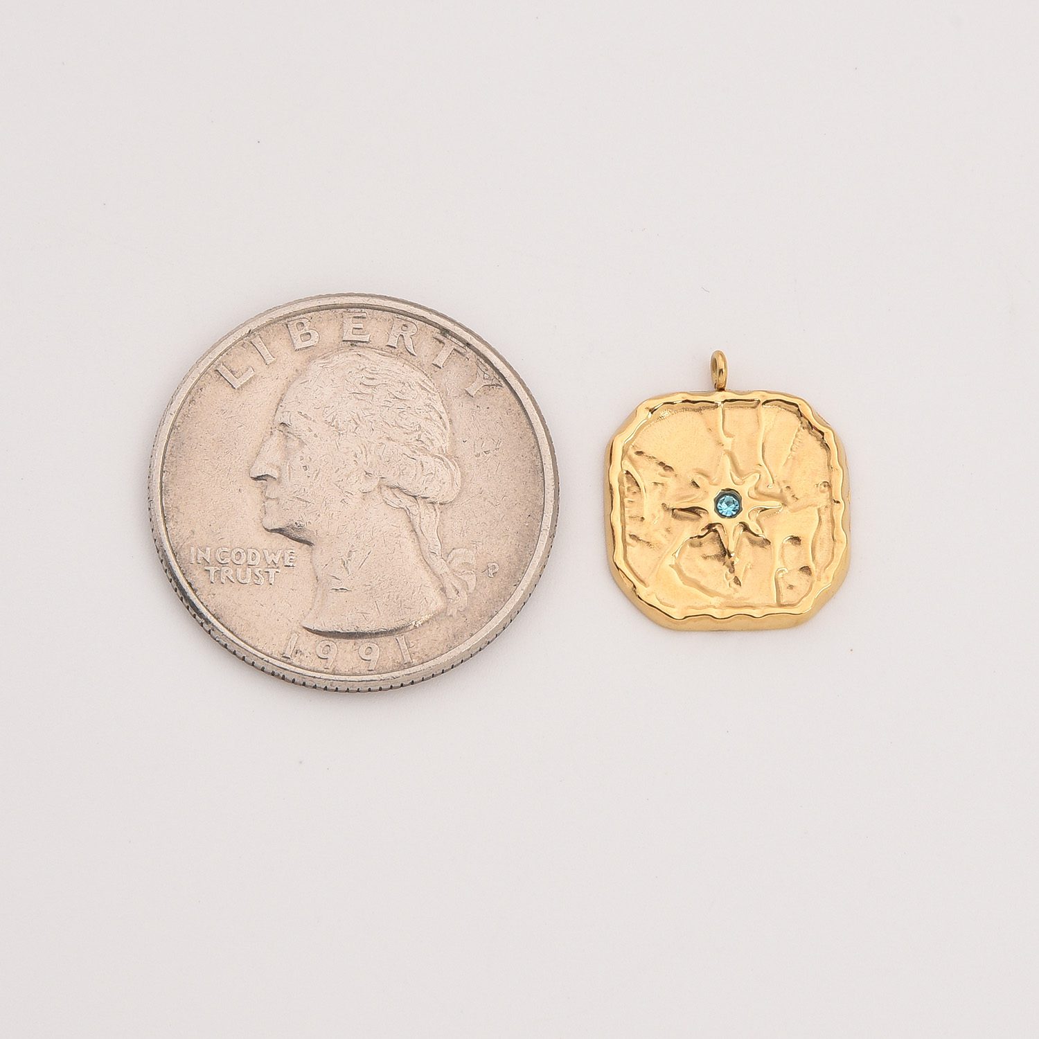 Gold Filled Square CZ Charm, Textured Starburst Pendant in Stainless Steel with Blue Gemstone for DIY Necklace Bracelet Jewelry, SCP146 - Image 5