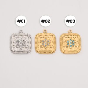 Gold Filled Square Star CZ Charm, Textured Pendant in Stainless Steel with Clear or Blue Gemstones for DIY Necklace Bracelet Jewelry, SCP147