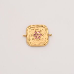 Gold Filled Square CZ Connector Charm, Textured Starburst Pendant with Pink Gemstones in Stainless Steel for DIY Bracelet Necklace, SCP148