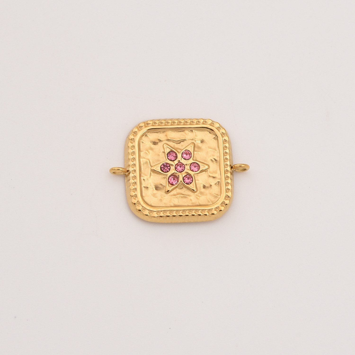 Gold Filled Square CZ Connector Charm, Textured Starburst Pendant with Pink Gemstones in Stainless Steel for DIY Bracelet Necklace, SCP148