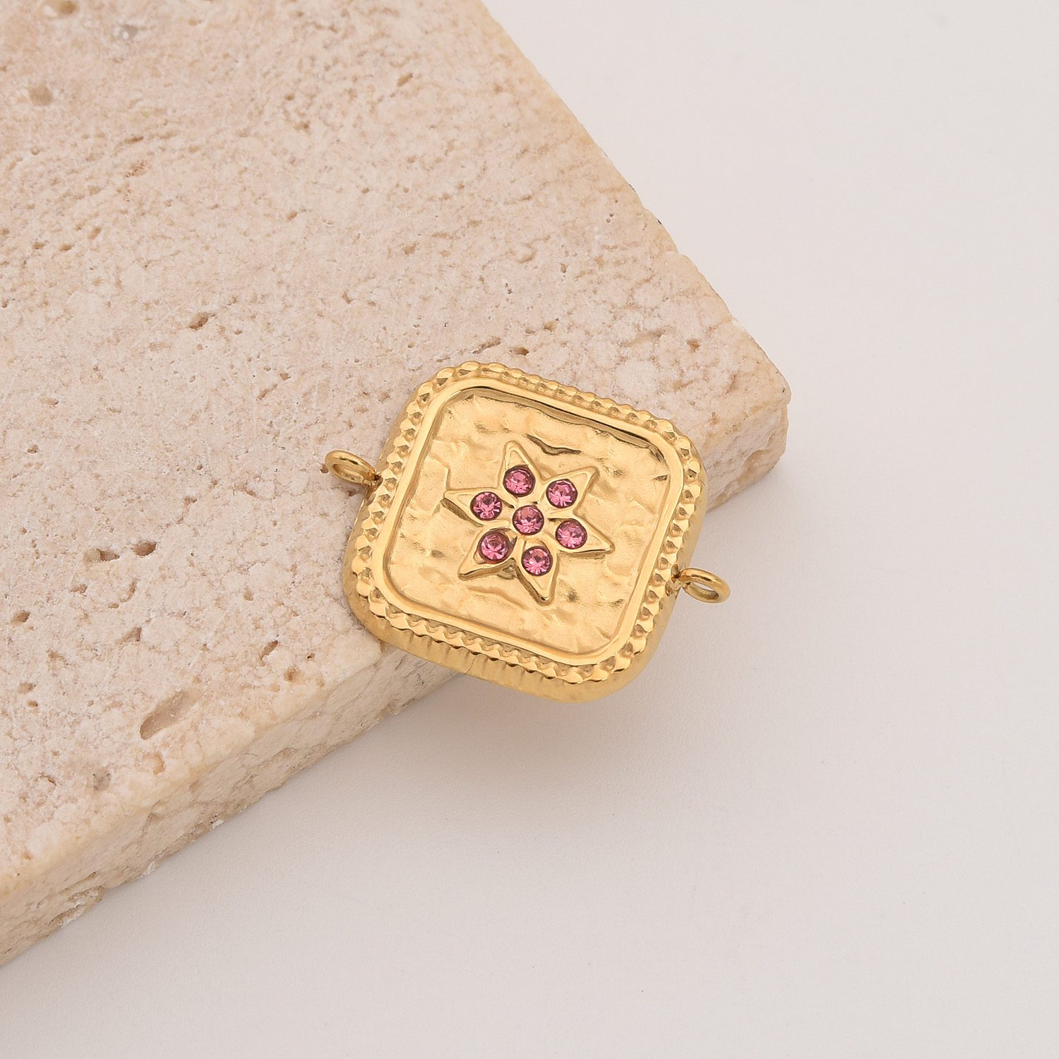 Gold Filled Square CZ Connector Charm, Textured Starburst Pendant with Pink Gemstones in Stainless Steel for DIY Bracelet Necklace, SCP148 - Image 3