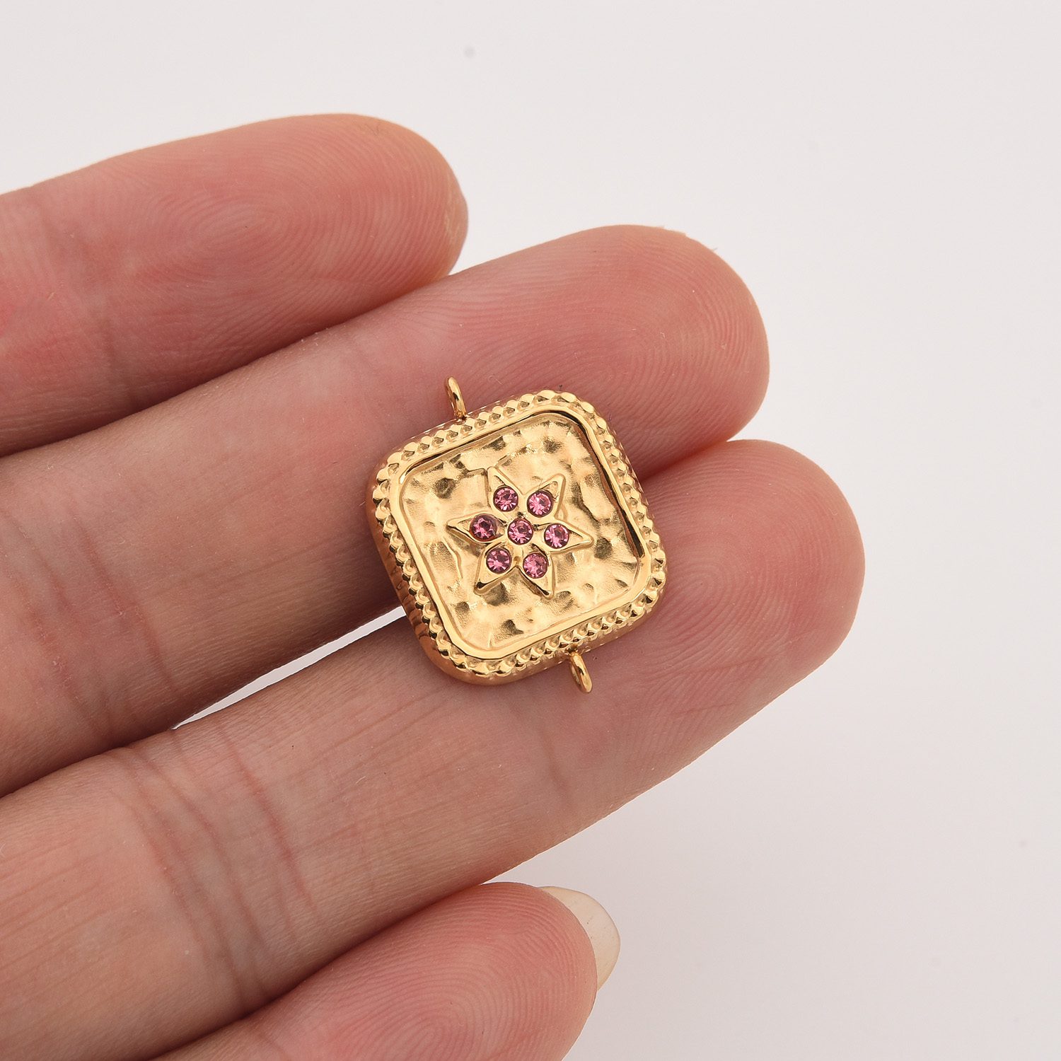 Gold Filled Square CZ Connector Charm, Textured Starburst Pendant with Pink Gemstones in Stainless Steel for DIY Bracelet Necklace, SCP148 - Image 2
