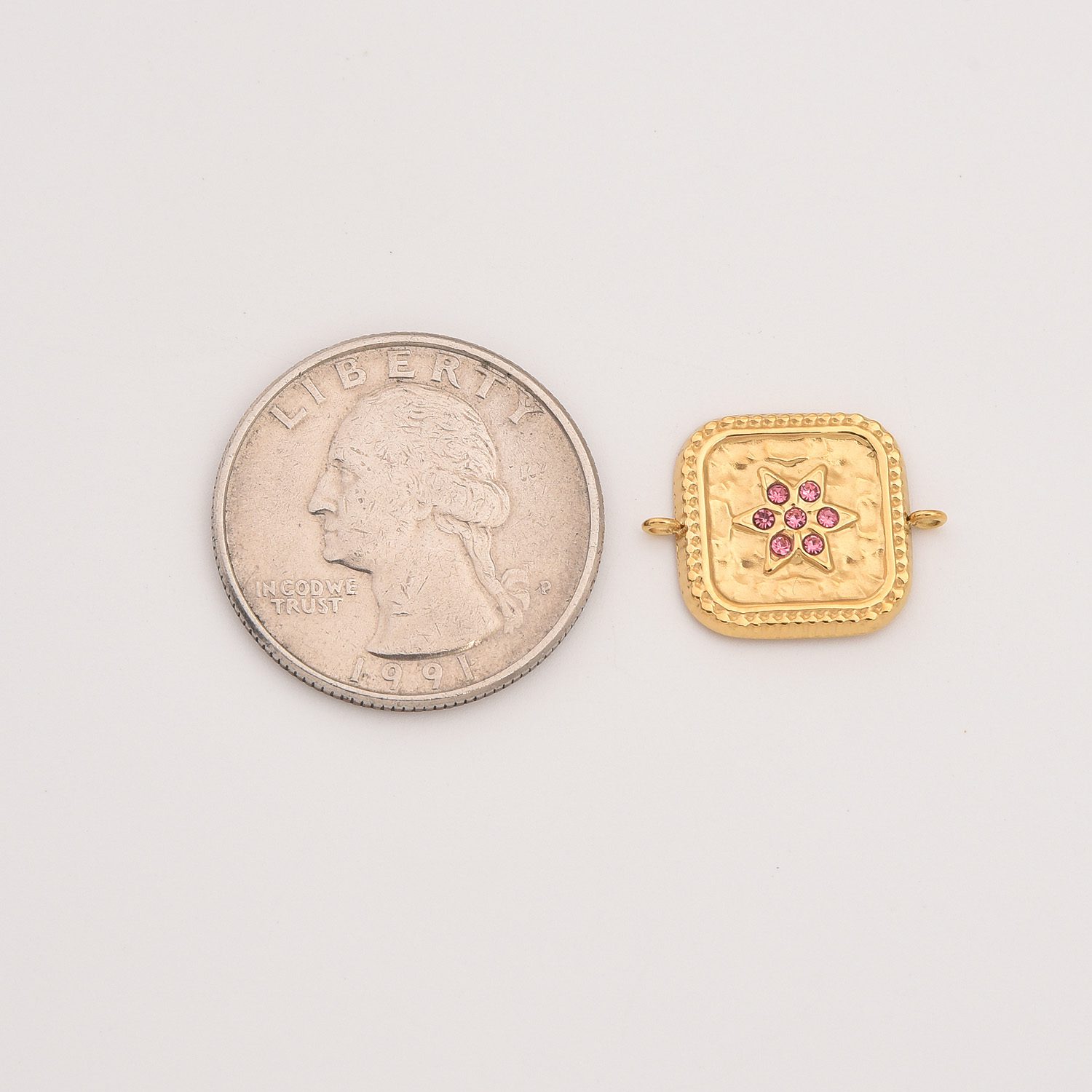 Gold Filled Square CZ Connector Charm, Textured Starburst Pendant with Pink Gemstones in Stainless Steel for DIY Bracelet Necklace, SCP148 - Image 5