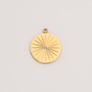 Gold Filled Sunburst CZ Charm, Radiant Round Pendant in Stainless Steel with Clear Gemstone for DIY Necklace Bracelet Jewelry, Gift, SCP149