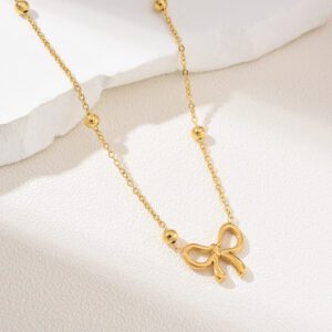 Gold Filled Bow Pendant Necklace, Dainty Beaded Chain, Stainless Steel Jewelry, Cute Gift for Her, Minimalist Layering Necklace, SNL010