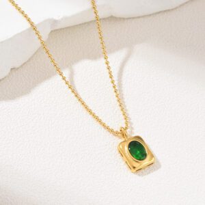 Gold Filled Green Gemstone Pendant Necklace, Rectangle Dainty Chain, Stainless Steel Jewelry, Elegant Gift for Her, Minimalist, SNL014