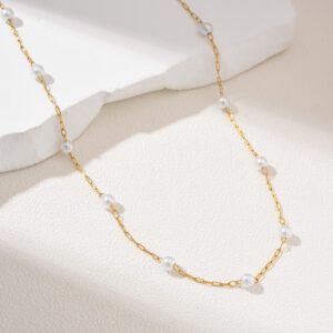 Gold Filled Pearl Beaded Necklace, Dainty Minimalist Chain, Stainless Steel Jewelry, Elegant Bridal Gift for Her, Layering Necklace, SNL015