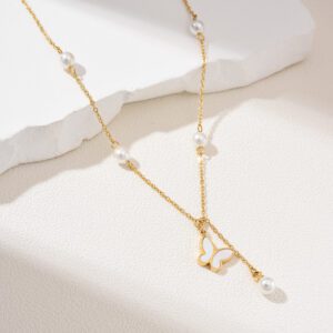Gold Filled Butterfly Pearl Drop Charm Necklace, Dainty Y Chain, Stainless Steel Jewelry, Elegant Layering Necklace, Gift for Women, SNL017