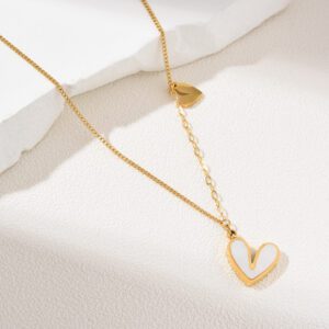 Gold Filled Double Heart Pendant Y Necklace, Pink Black White Enamel, Dainty Chain, Romantic Jewelry, Gift for Women, Layering, SNL020