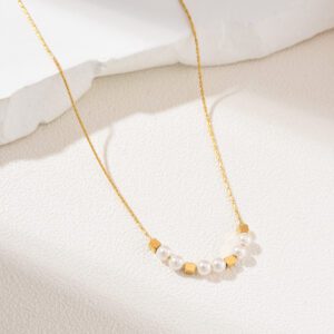 Gold Filled Pearl and Cube Bead Necklace, Dainty Minimalist Chain, Stainless Steel Jewelry, Elegant Gift for Her, Layering Necklace, SNL025