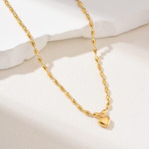 Gold Filled Rice Bead Chain Heart Pendant Necklace, Dainty Minimalist Jewelry, Stainless Steel, Romantic Gift for Her, Layering, SNL026
