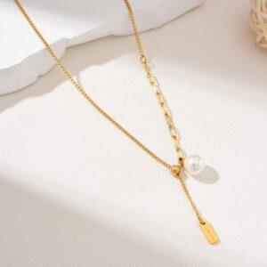 Gold Filled Asymmetrical Pearl Drop Necklace, Dainty Minimalist Chain, Stainless Steel Jewelry, Elegant Gift for Woman, Layering, SNL031