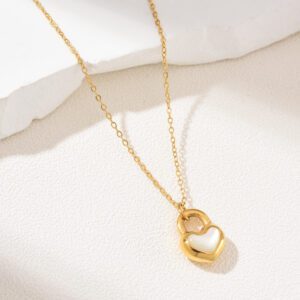 Gold Filled Double Heart Pendant Necklace, White Enamel Accent, Dainty Minimalist Chain, Romantic Gift for Her, Layering Jewelry, SNL032