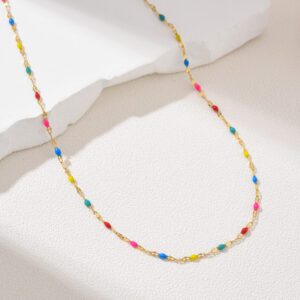 Gold Filled Colorful Beaded Necklace, Minimalist Stainless Steel Chain, Dainty Rainbow Layering Jewelry, Gift for Women, Handmade, SNL040